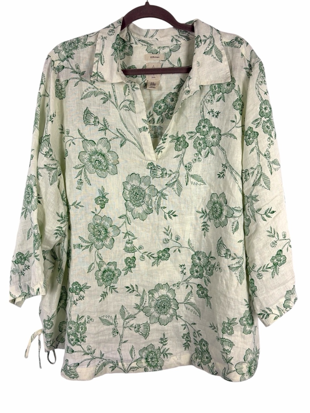 Joie 100% Linen Floral Popover Blouse Top 3X Green White Tie Sleeve Plus